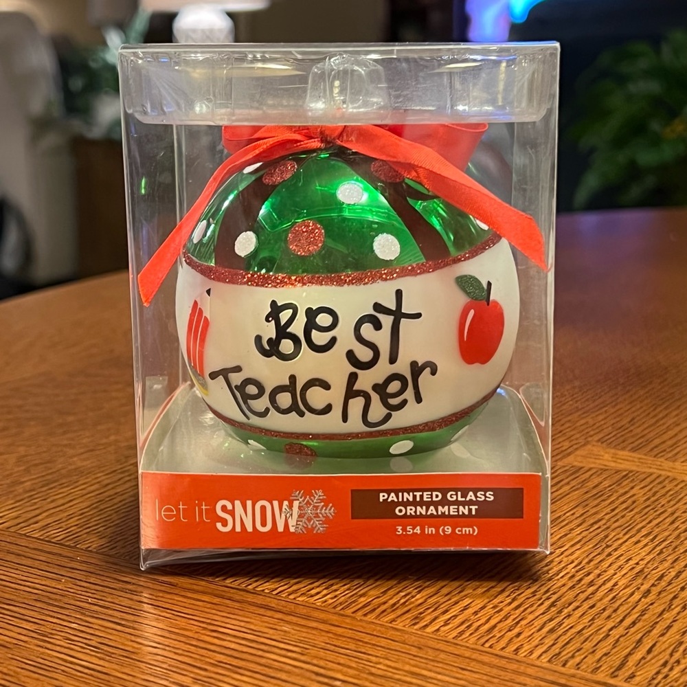 BEST TEACHER PAINTED GLASS BALL ORNAMENT 3.5” PENCIL APPLE POLKA DOT W/BOW